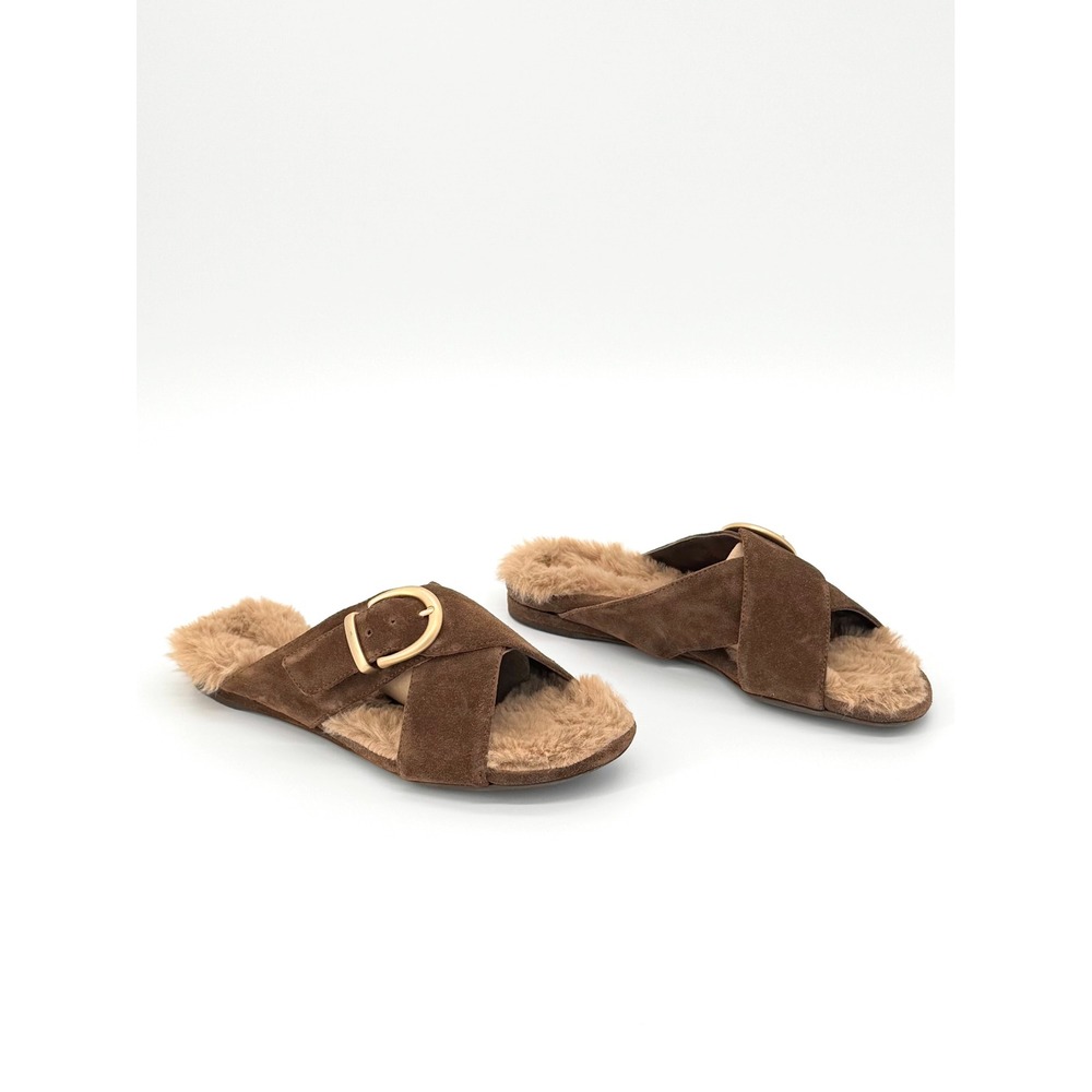 Marion Parke Julie Sandals Cognac Suede Fur Lined Buckle Flat IT 37 US 7